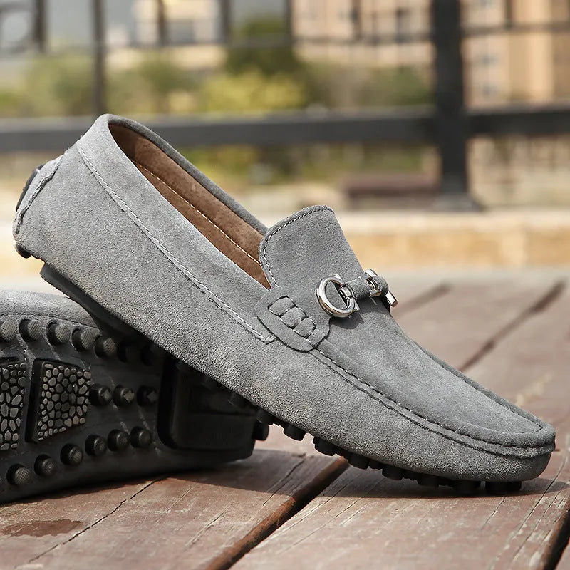 Men's black matte cowhide slip-on shoes with square toe and rubber sole