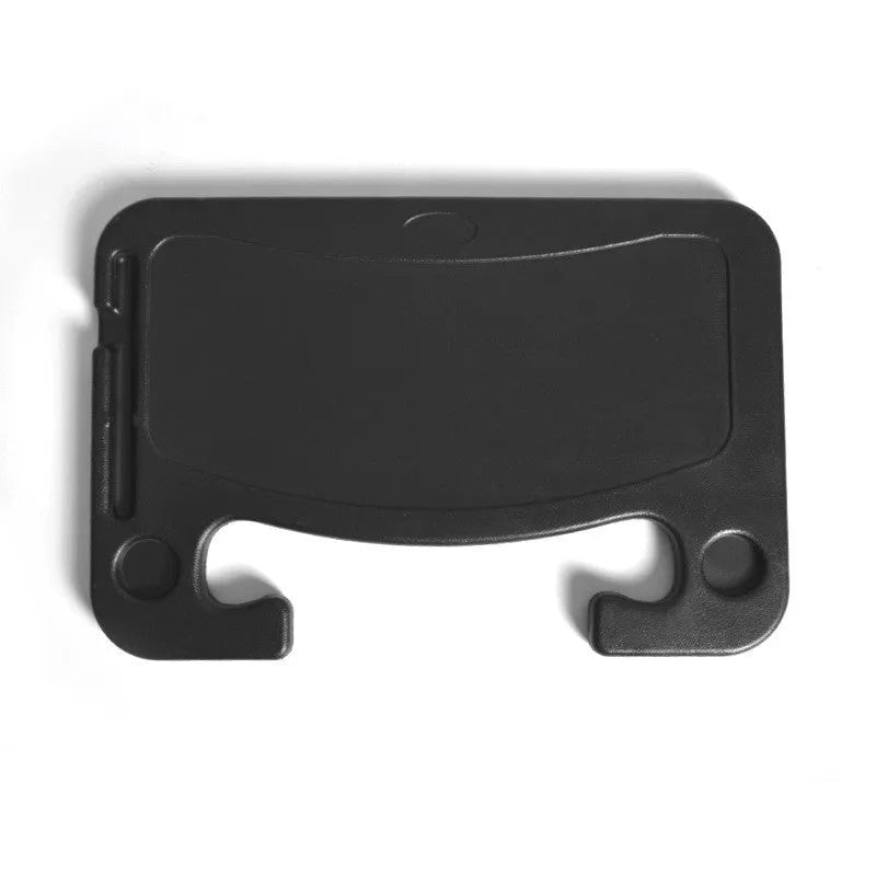Black plastic car desk with computer workspace and integrated plate storage compartments