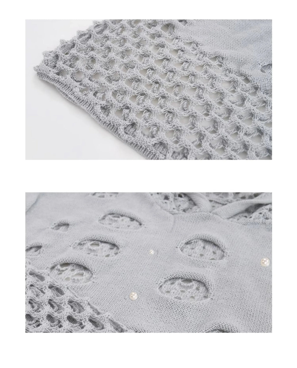 Men's black hollow knit hoodie with pearl decoration on front, loose fit pullover with hood