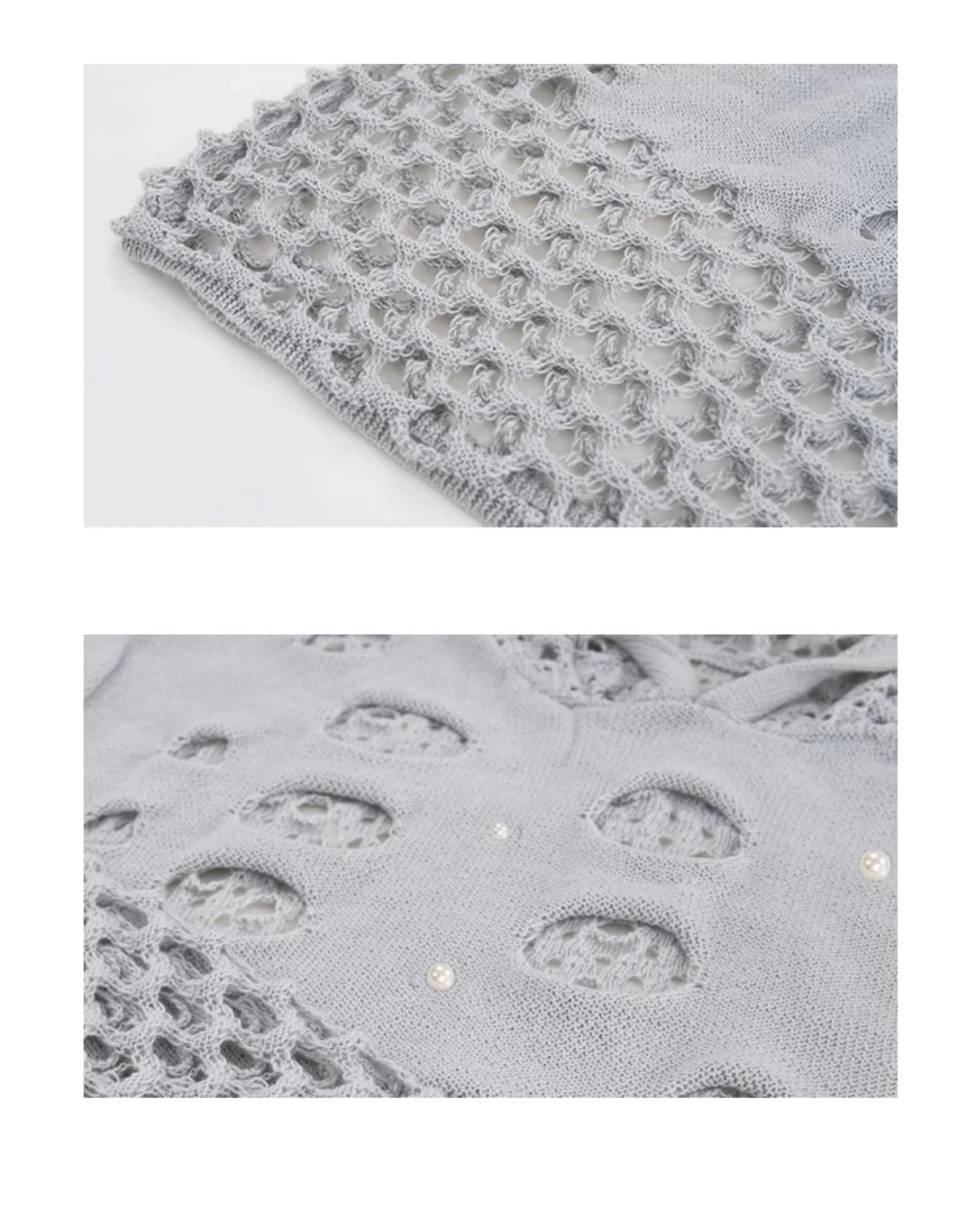 Men's black hollow knit hoodie with pearl decoration on front, loose fit pullover with hood