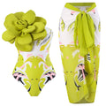 Fairy style one-piece swimsuit with printed gauze skirt for swimming, available in blue, red, and yellow green.