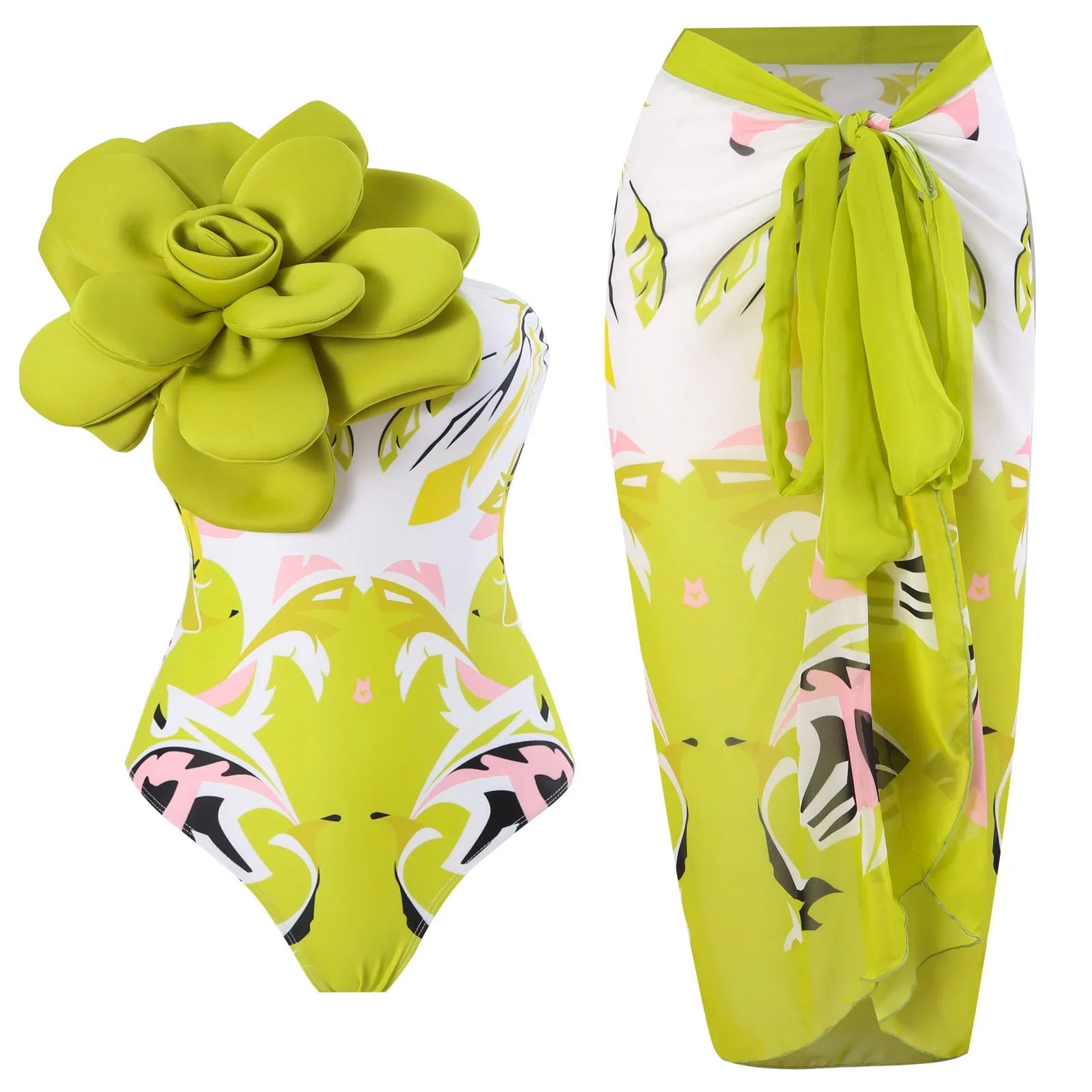 Fairy style one-piece swimsuit with printed gauze skirt for swimming, available in blue, red, and yellow green.