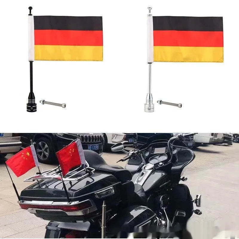 Motorcycle luggage rack flagpole in black and silver options for side box mounting