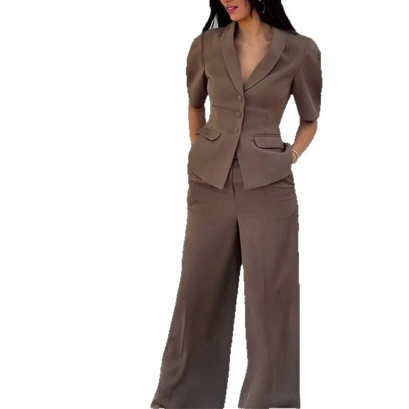 Brown men's slim fit polyester suit separates showing top and trousers
