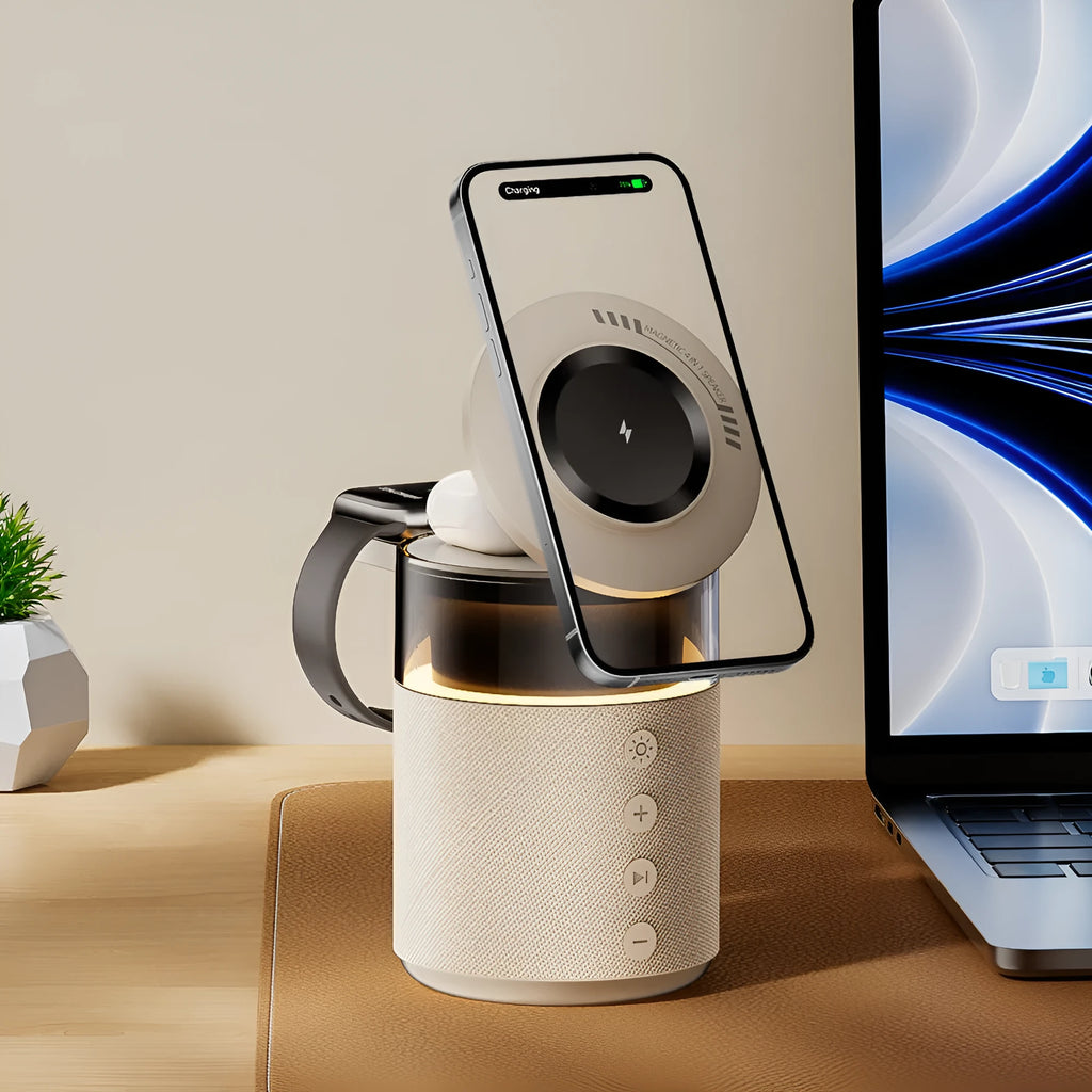 White household desk Bluetooth three-in-one wireless magnetic charger with lighting