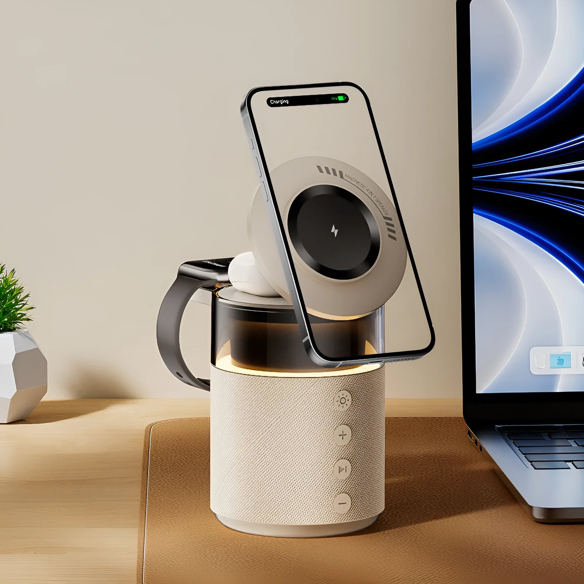 White household desk Bluetooth three-in-one wireless magnetic charger with lighting