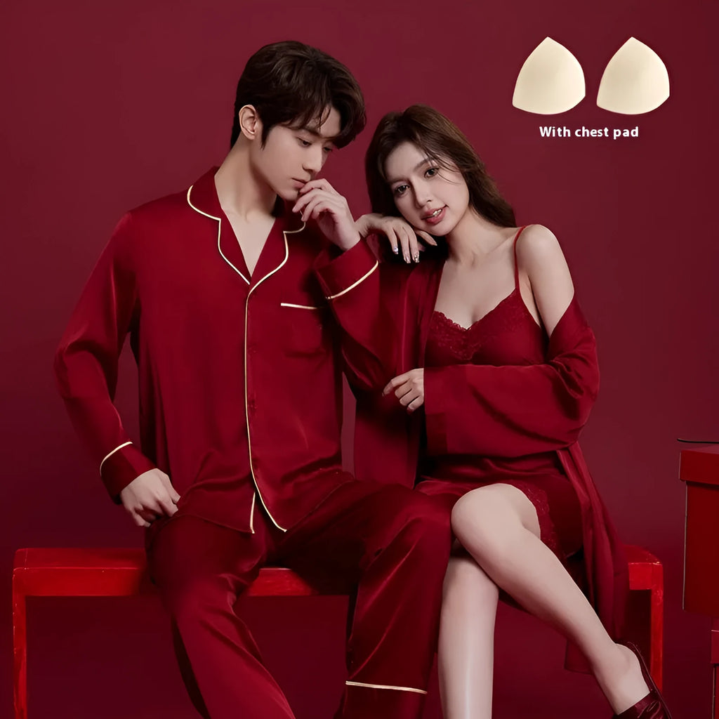 Red ice silk sleepwear set for men and women with long sleeves and trousers