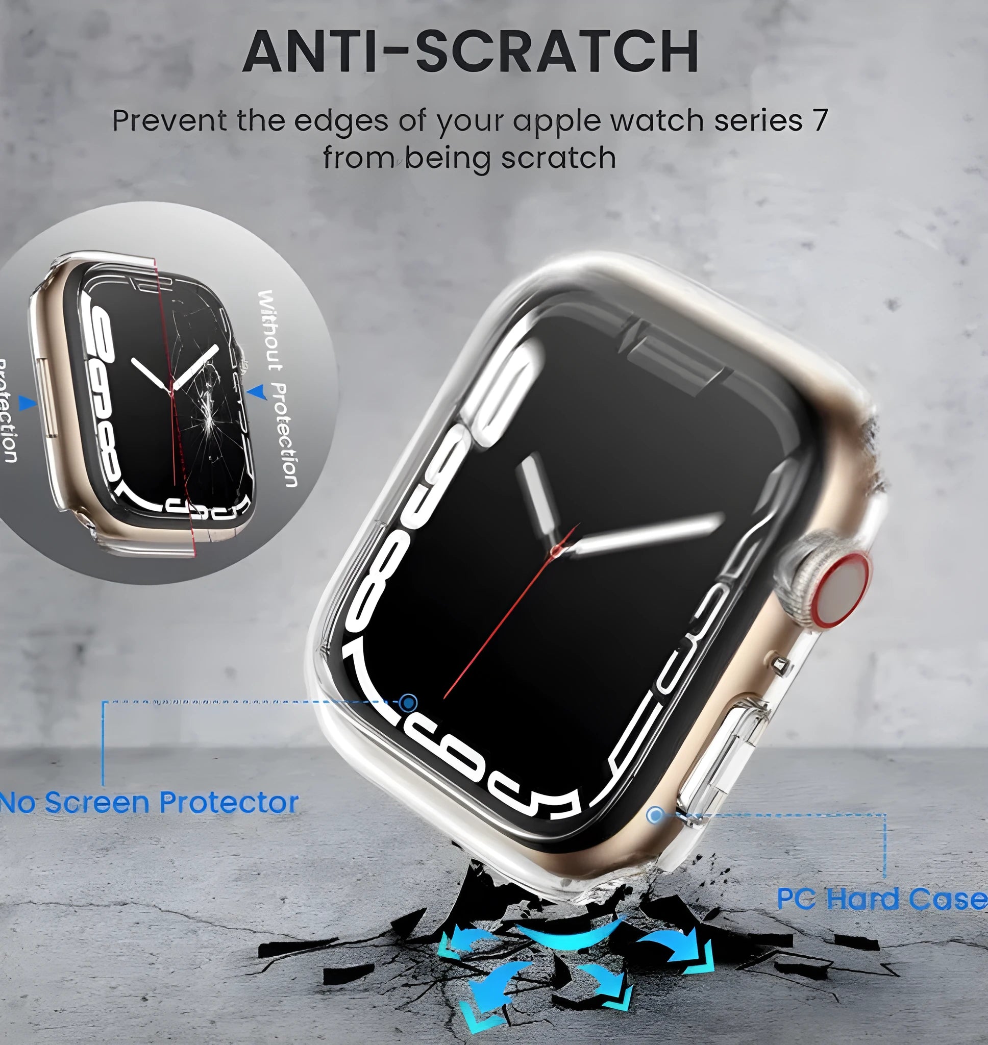 PC tempered film smartwatch case in various colours and sizes on a table
