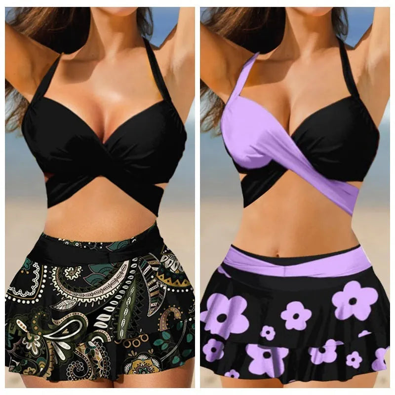Women's purple two-piece swimsuit with separate skirt and lace-up details on high-waisted briefs