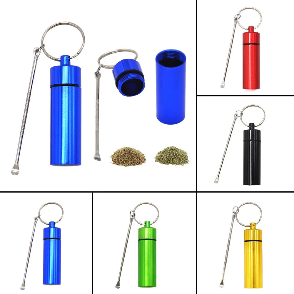 Aluminium portable medicine bottle with spoon and keychain in blue, green, red, gold, and black