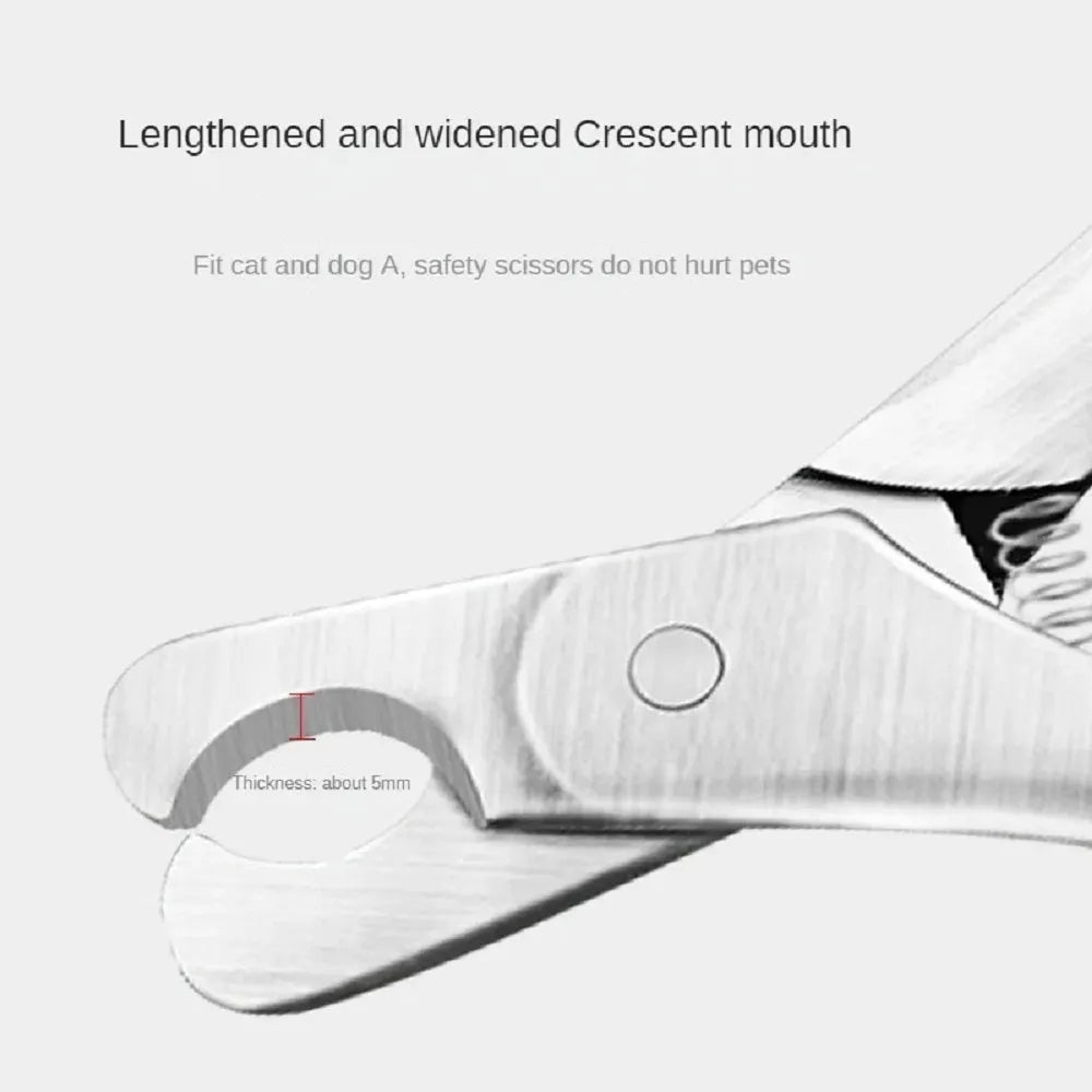 Professional stainless steel pet nail clipper with safety stop guard and finger ring for dog and cat grooming.
