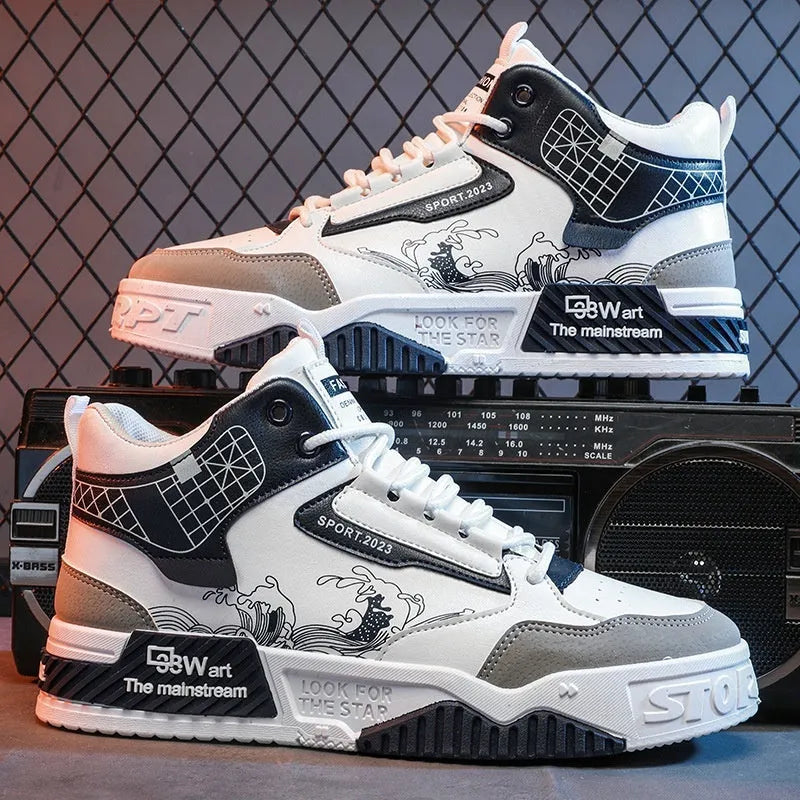 Men's high-top board shoes in beige, white and blue colours with lace-up front and rubber sole