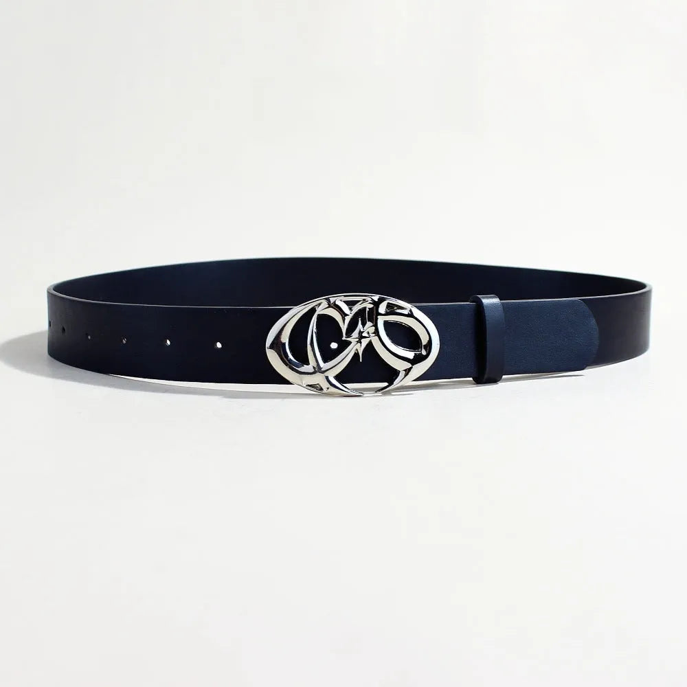 Silver buckle casual PU leather belt with snap button fastening, 105cm long