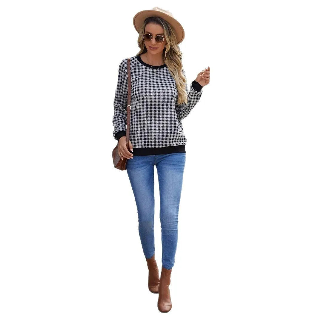 Black Japanese plaid pattern pullover sweater with printed design and long sleeves
