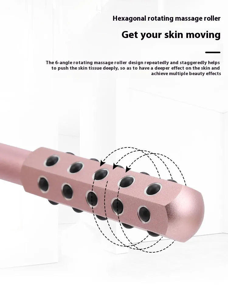 Purple handheld germanium particles facial massage roller on a white background.