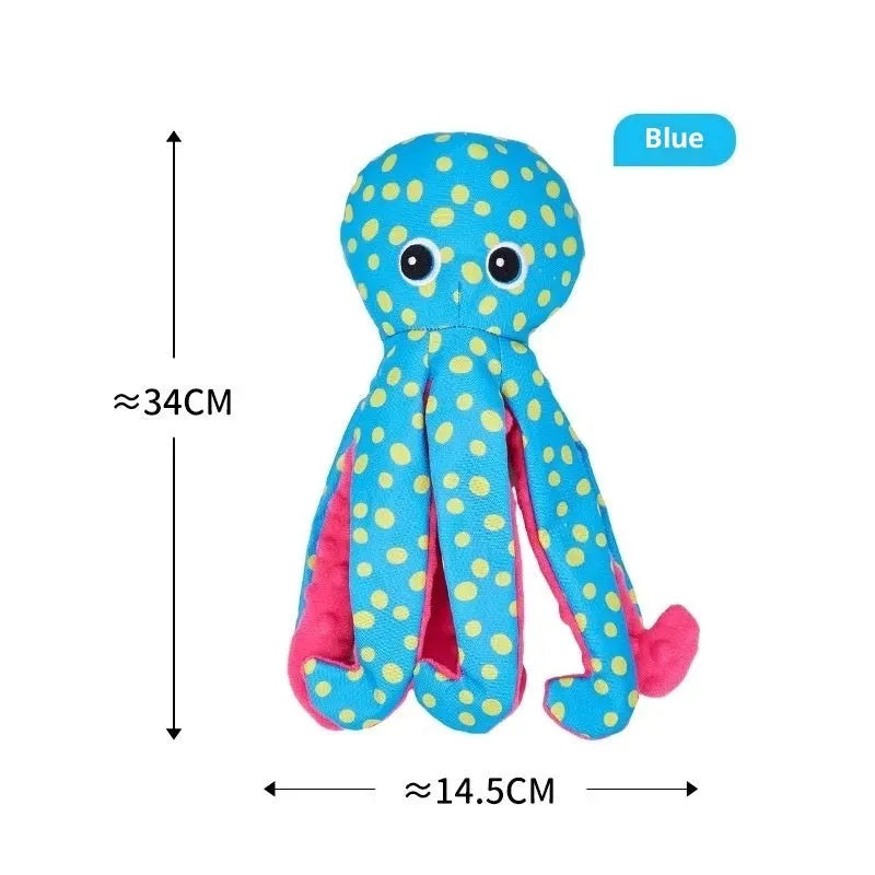 Blue canvas plush octopus print dog toy with squeaker from ocean series
