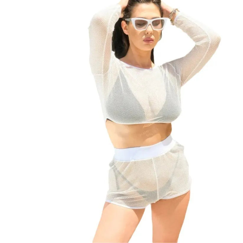 White transparent women's beach swimsuit set with breathable straps and matching top and skirt