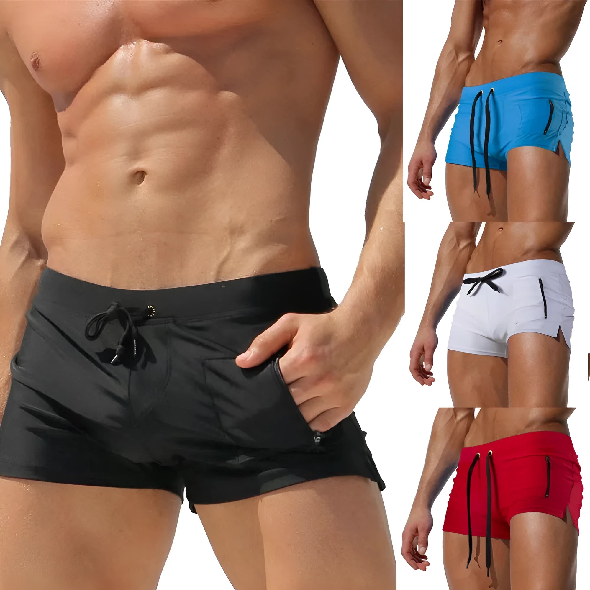 Men's black high-waist swimming trunks with a lace-up front, shown laid flat.