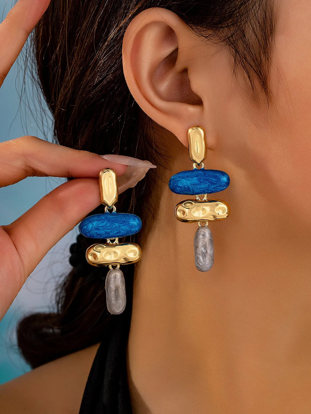 Geometric stud earrings for women with multicolour electroplated finish on zinc alloy