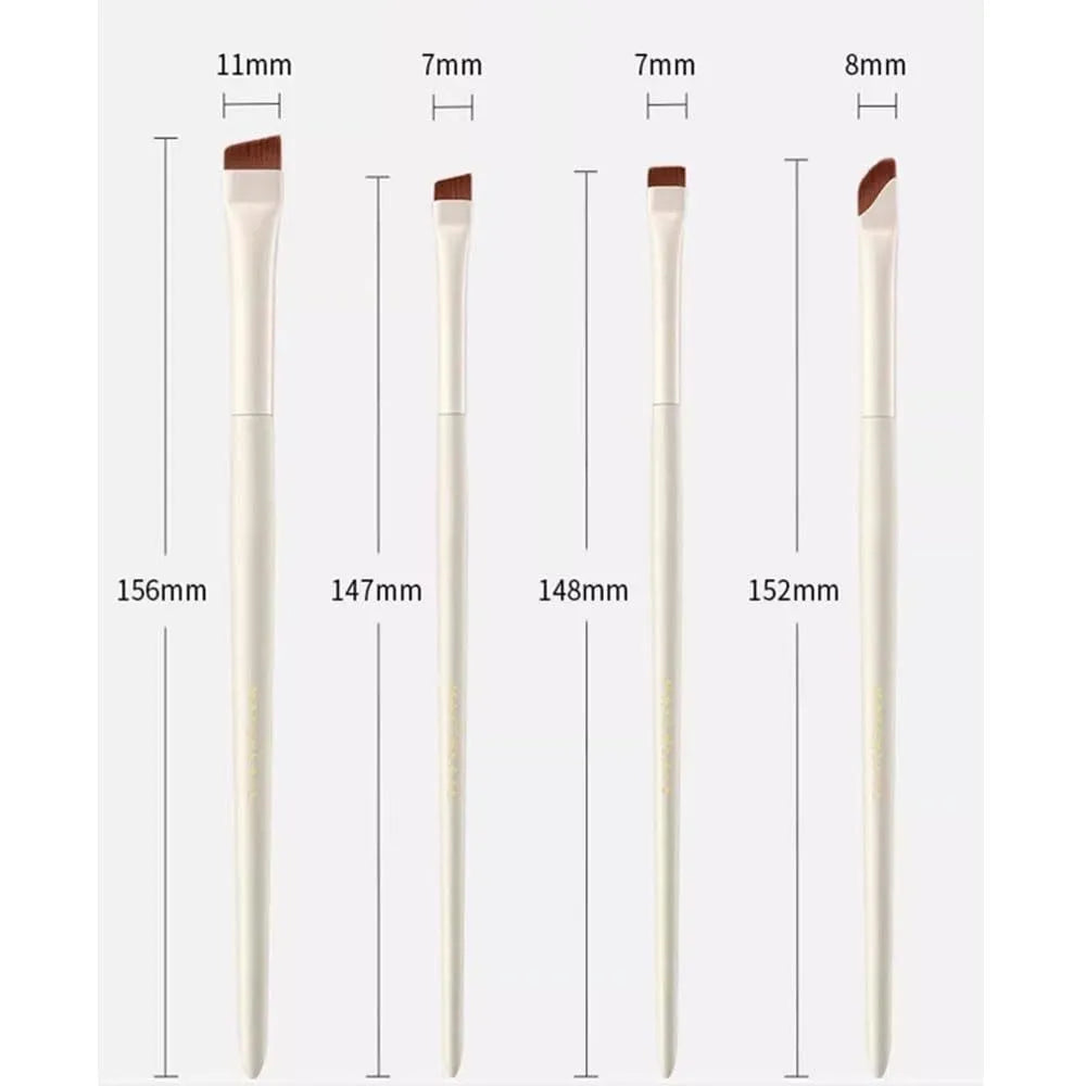 Four-piece angled eyeliner and brow brush set with ultra-thin tips and leather case for precision makeup application
