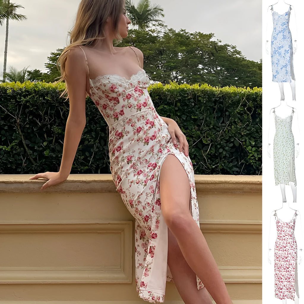 Women's lace floral print long dress with suspender straps and side slit in blue colour