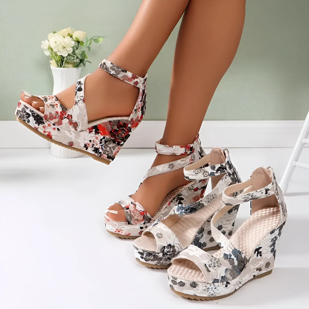 Women's muffin wedge lace up fashion sandals with fish mouth toe in black, side view