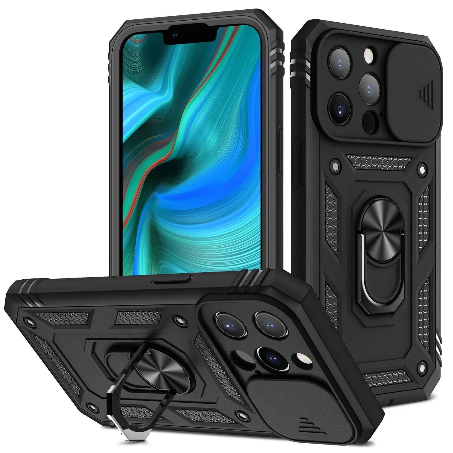 Magnetic sliding stand phone case for Apple iPhone in sapphire blue and grey green colour options.