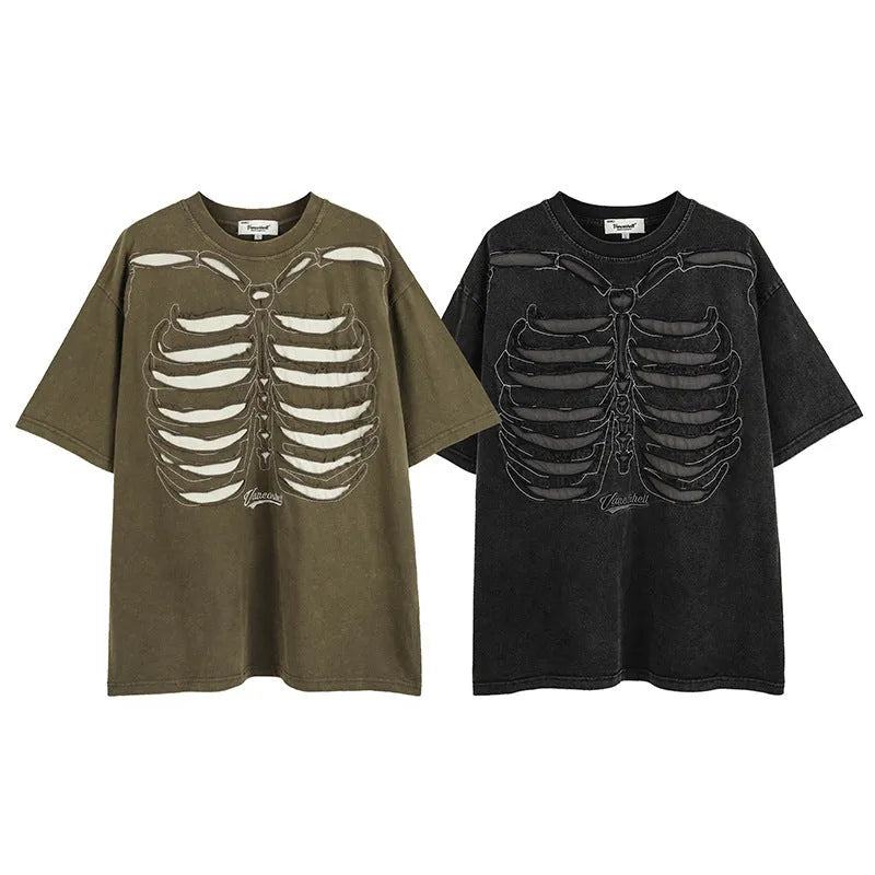 Dark high street style brown t-shirt with large skull graphic print and loose drop-shoulder sleeves.