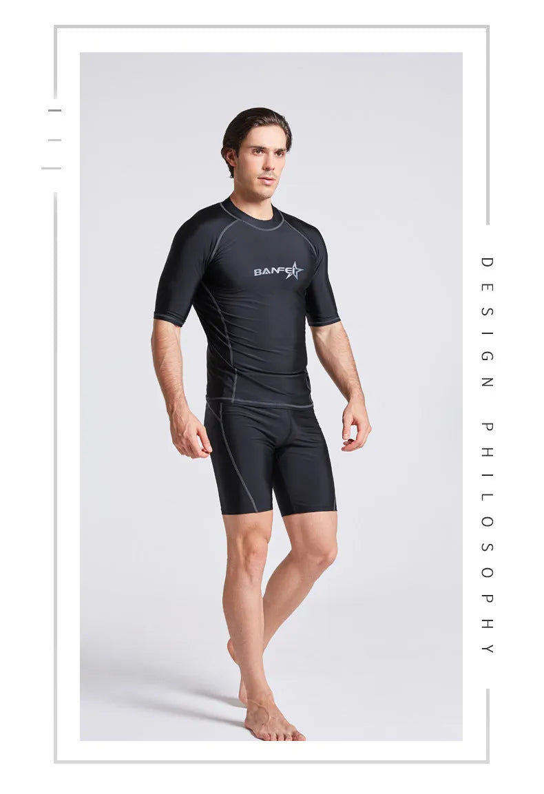 Men's navy blue quick-drying half sleeve wetsuit suit for swimming and snorkelling.