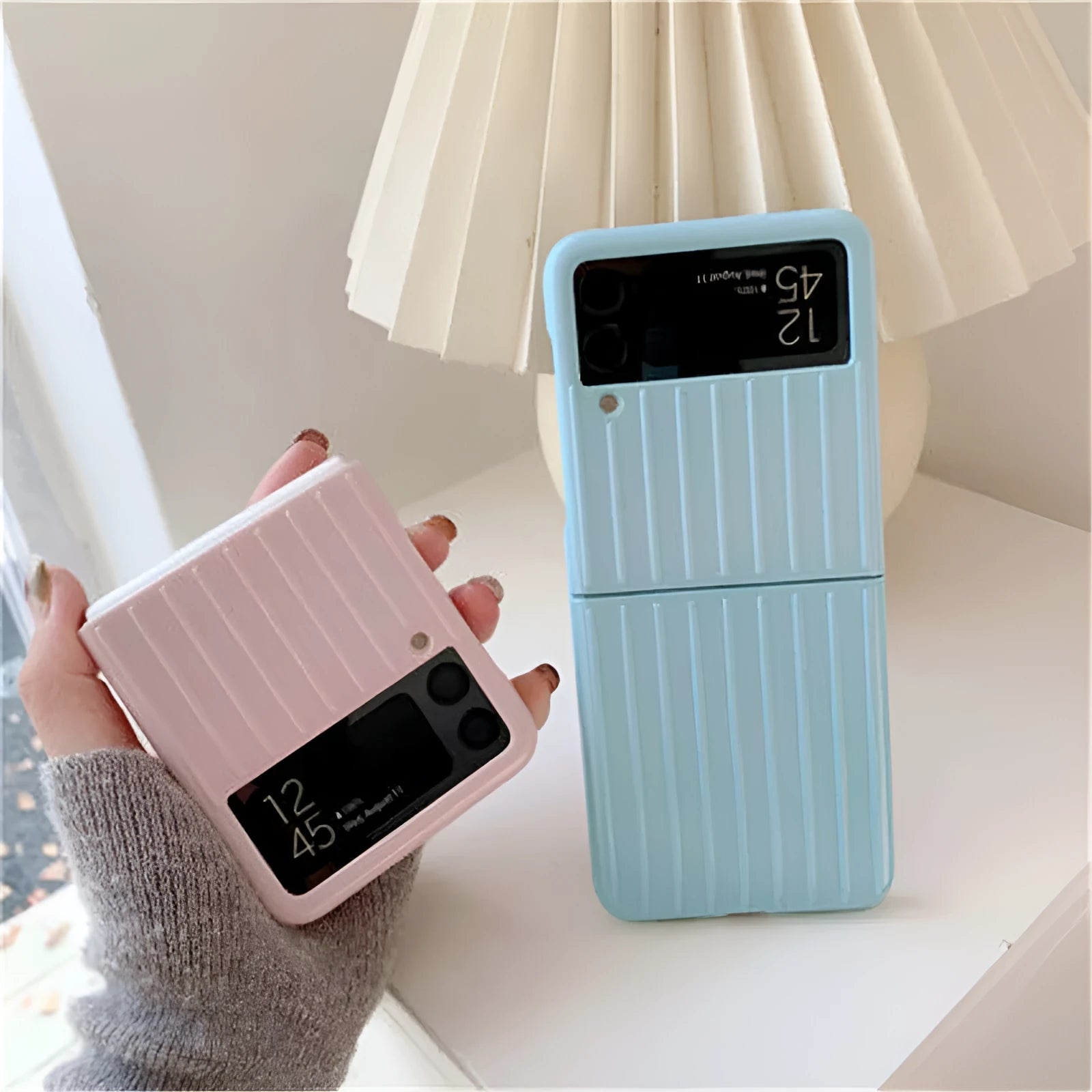 Samsung Z Flip3 ultra-thin flip phone case in seven colour options showing front and back views