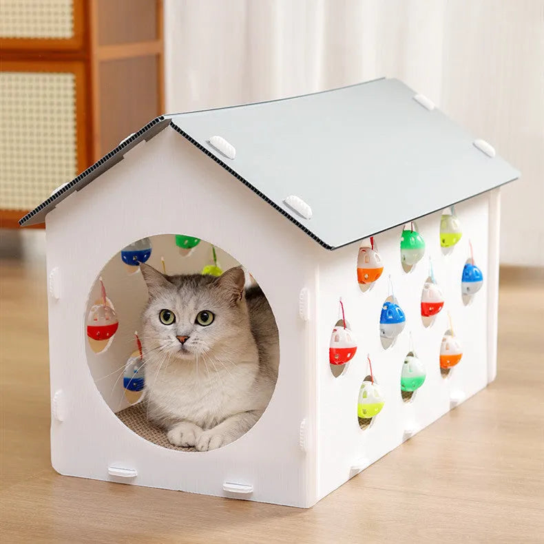 Integrated cat scratch board and nest toy with tunnel design and bell ball