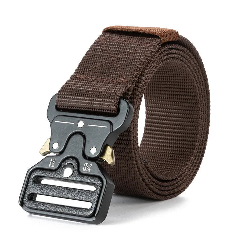 Men's thick canvas tactical belt with an alloy buckle shown in multiple colour options: black, khaki, green, blue, and brown.