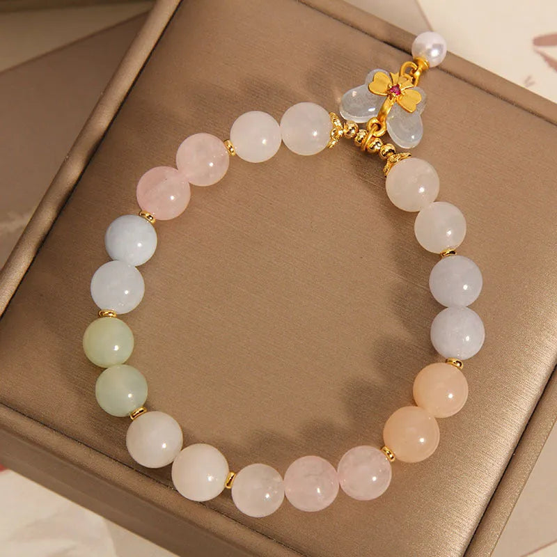 Women's morganite bracelet with colourful crystal jade beads and butterfly pendant in candy colours