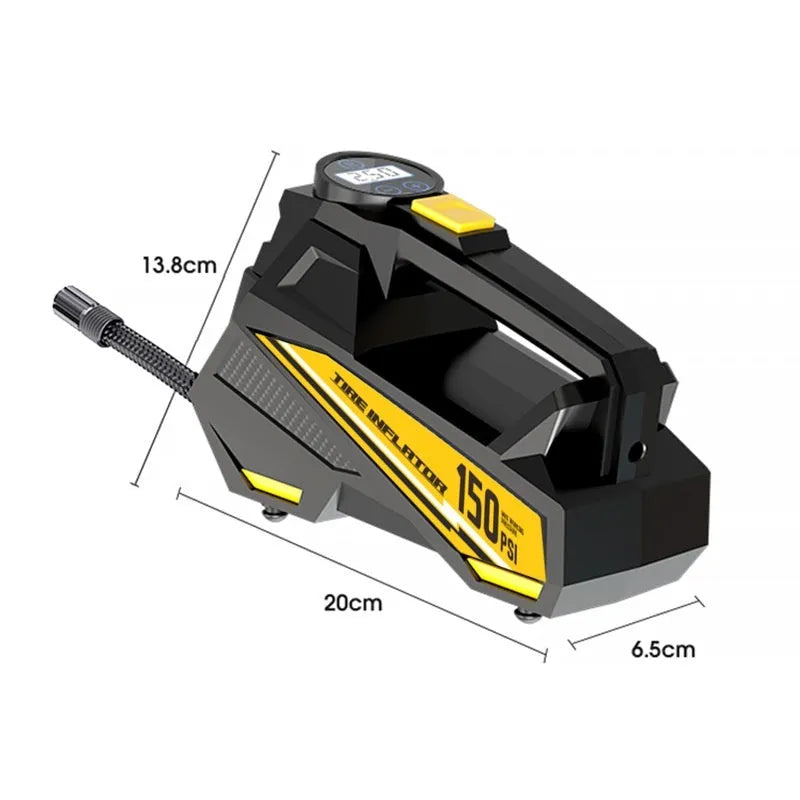 Black vehicle-mounted electric tyre inflator with digital display and light.