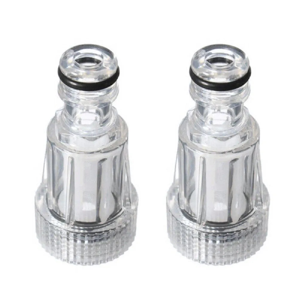 Transparent plastic inlet joint for Karcher pressure washers showing 3cm diameter