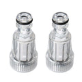 Transparent plastic inlet joint for Karcher pressure washers showing 3cm diameter