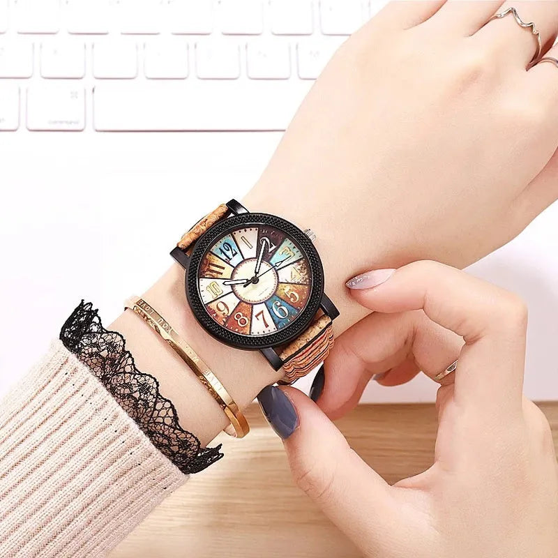 Vintage leather women's quartz watch with 37mm round dial and stainless steel buckle