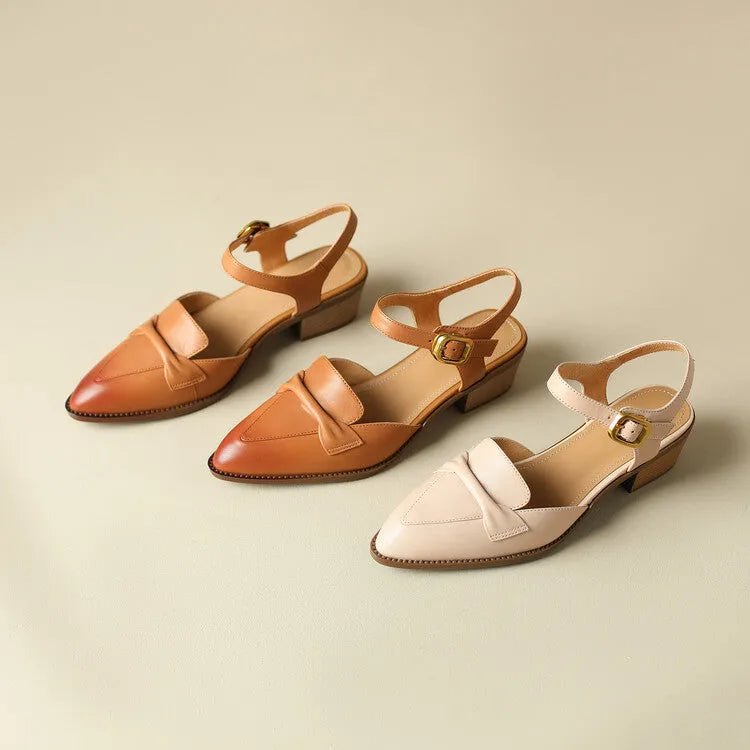 Women's bowknot pointed toe sandals in cowhide leather, available in brown