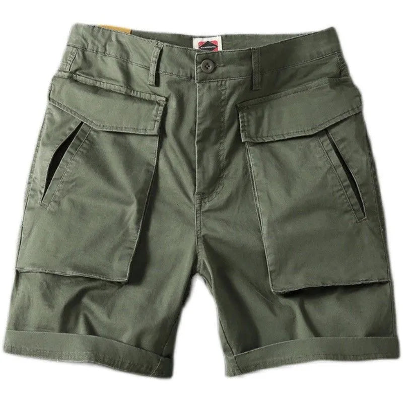 Men's cotton cargo shorts in khaki colour with multiple pockets and a straight leg design.