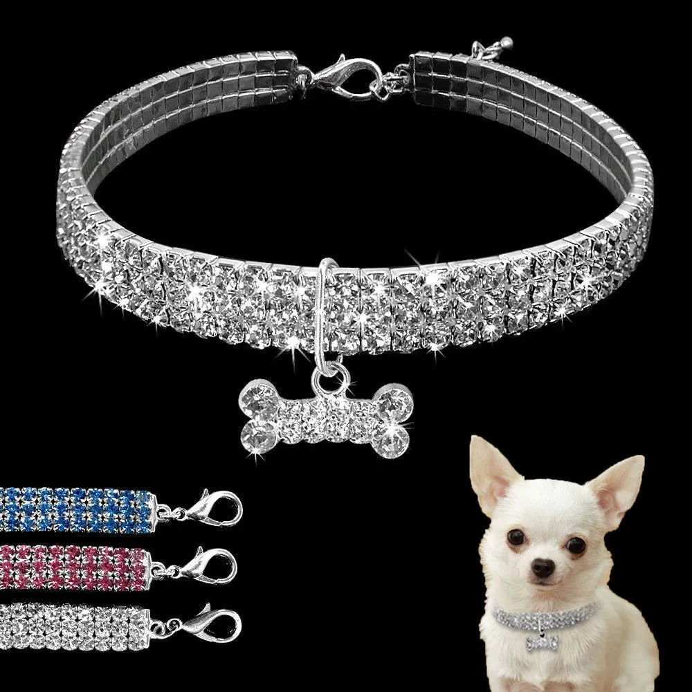 Bling rhinestone dog collar in pink with metal crystal pendant on a Chihuahua