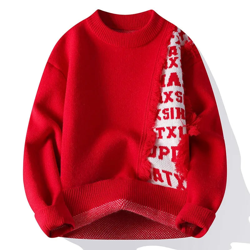 Men's loose fit knitted pullover with ribbed hemline in rabbit fur blend fabric