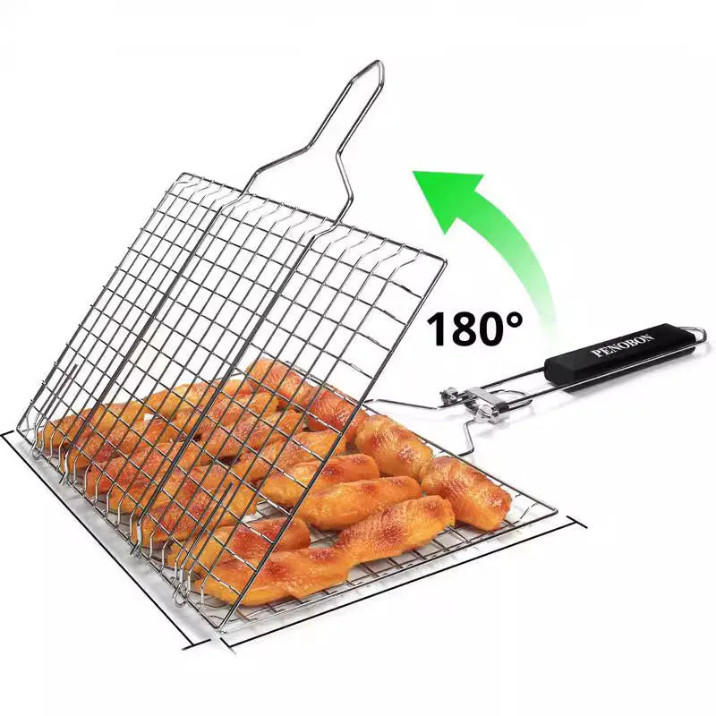 Square stainless steel barbecue mesh basket with folding design and cleaning brush for outdoor grilling