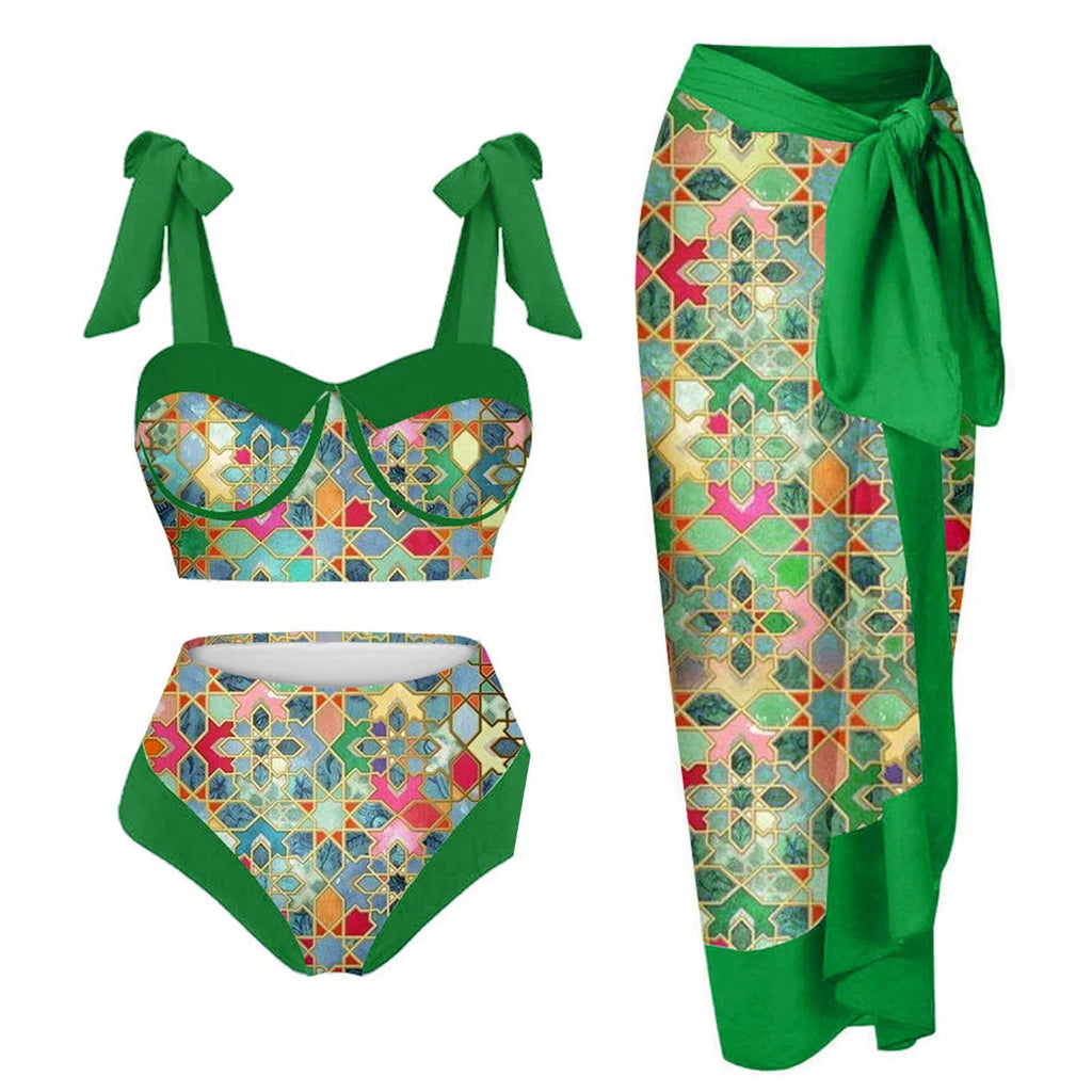 Women's three-piece swimsuit set with printing pattern showing skirt, bra and panties components