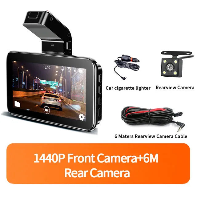 Car dashboard camera with 3-inch screen showing dual lens recording system for front and rear video capture