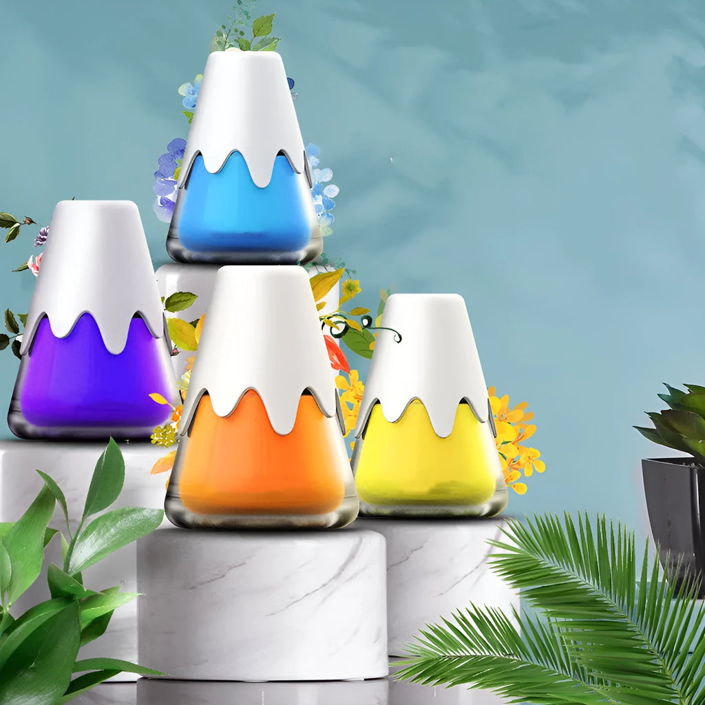 Glass car air freshener diffuser in purple, lime, laurel, or blue scent options on a car dashboard.