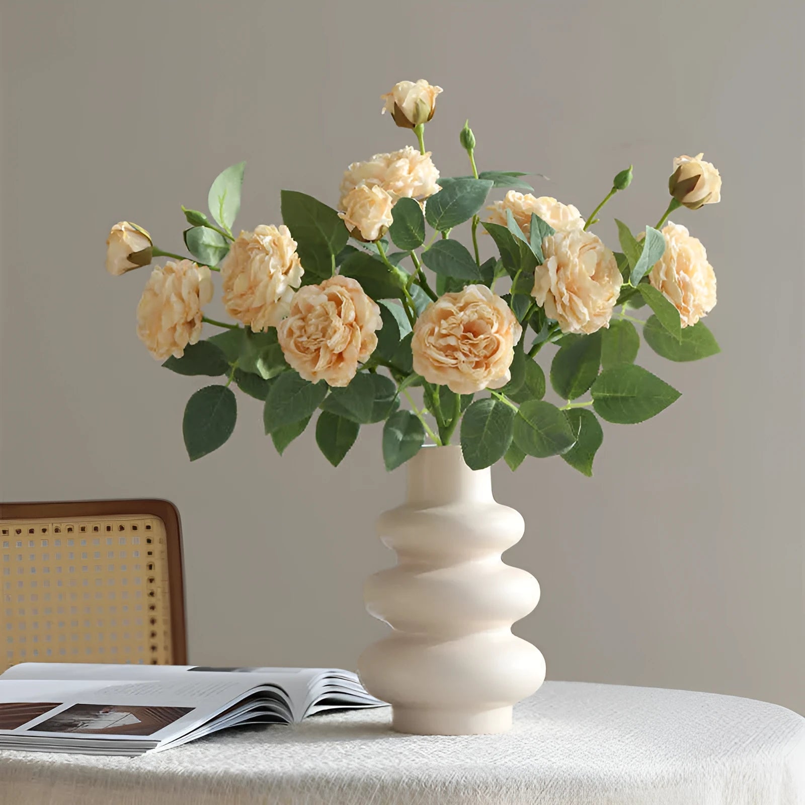 Three-head emulational silk rose stem with baking edge, beige colour, for home decor or wedding props