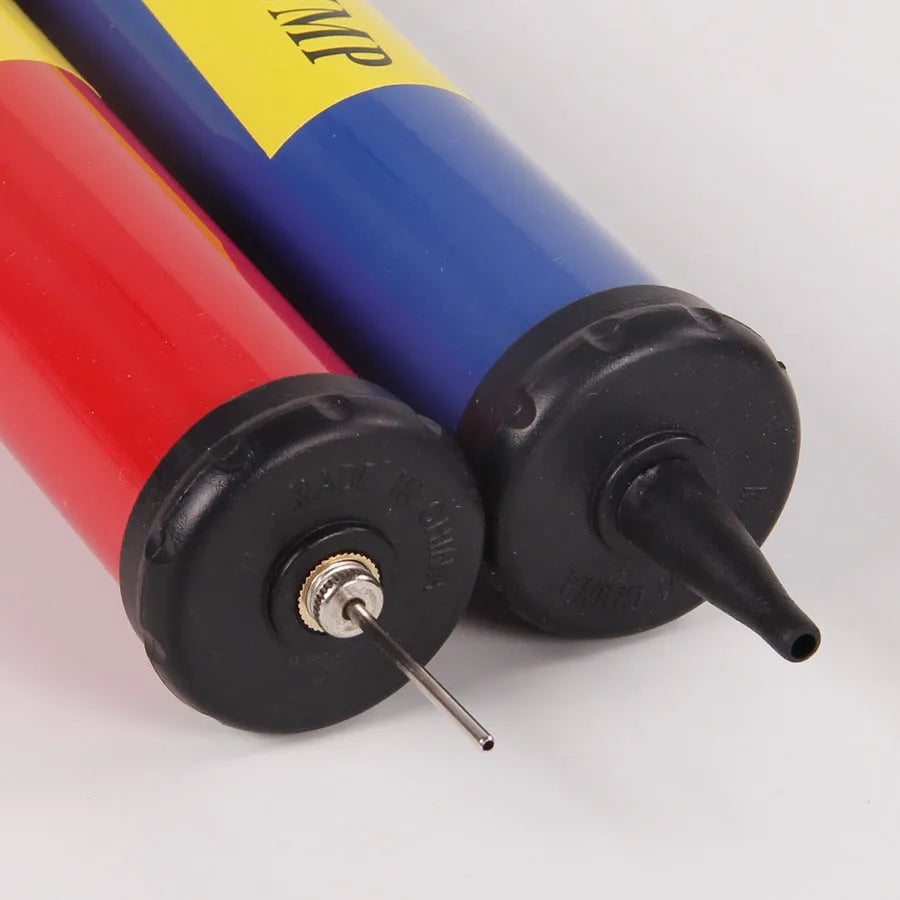 Plastic manual hand pump with four nozzles for sports balls and balloons.