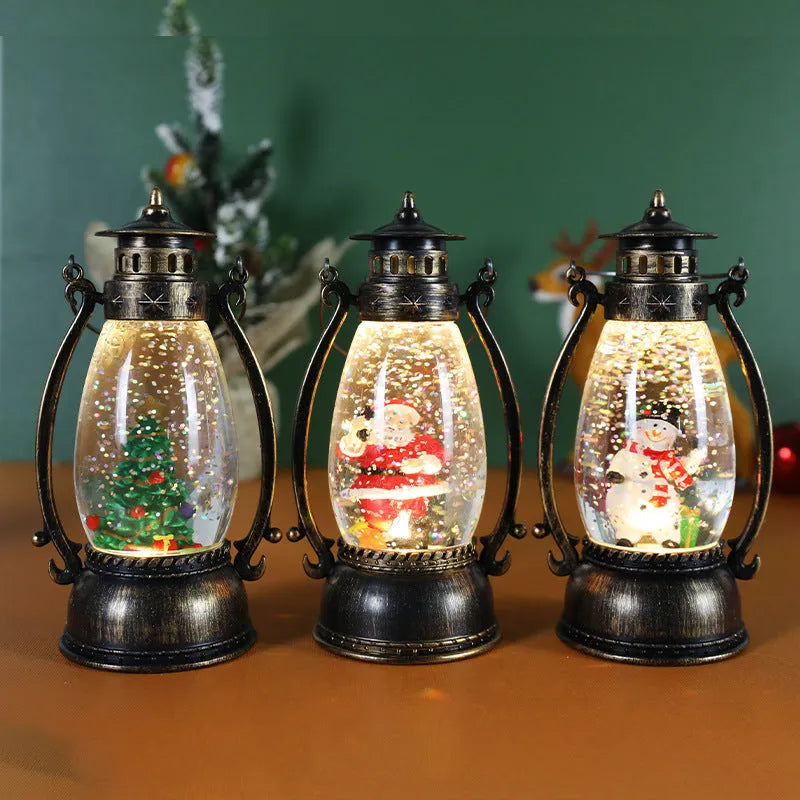 Plastic crystal ball oil lamp with LED light showing snowman and elderly figure Christmas decoration options