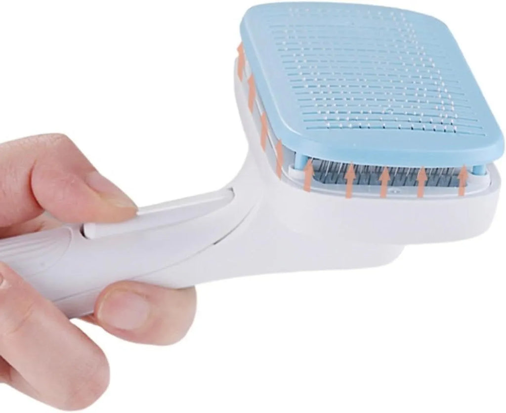 Automatic pet hair removal comb for dogs and cats with needle comb system in blue colour