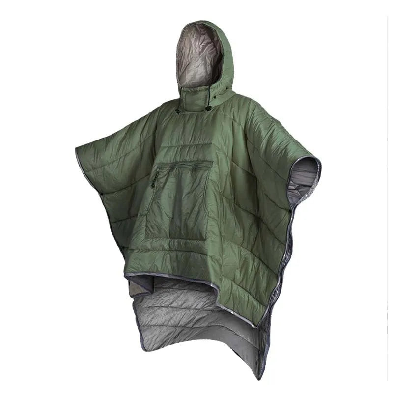 Outdoor cloak sleeping bag in Army Green, convertible to blanket, 200x140cm nylon construction